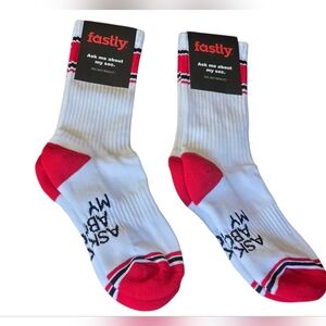 Sock Club 2 Pair "Ask Me About My Socks" White Red & Black Stripes Crew Socks OS
